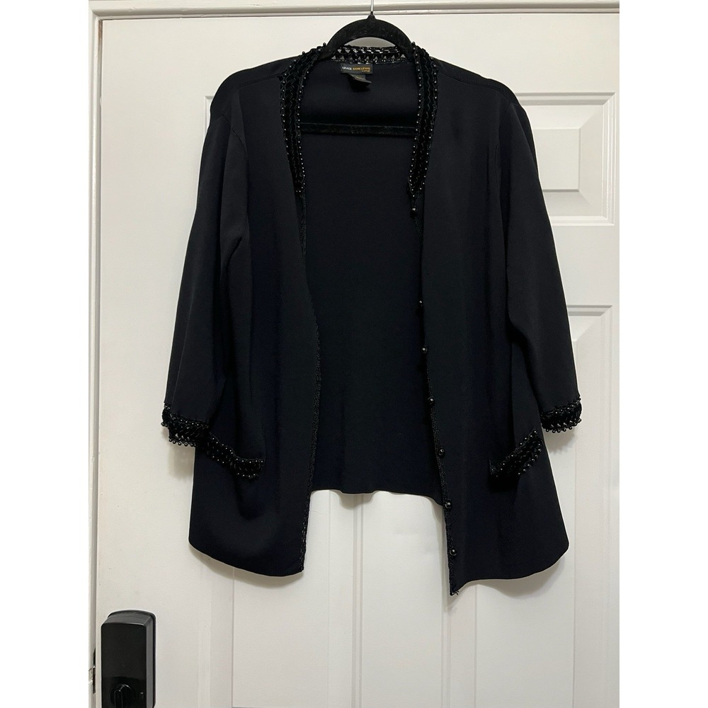 Grace Dane Lewis Woman Black Cardigan Sweater w/ Beaded Trim & Buttons Size 1X